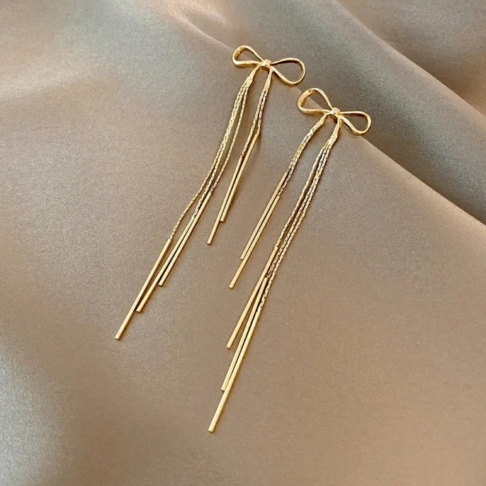 Last Pair!! Elegant Korean Golden Bow Tassel Stud Earrings